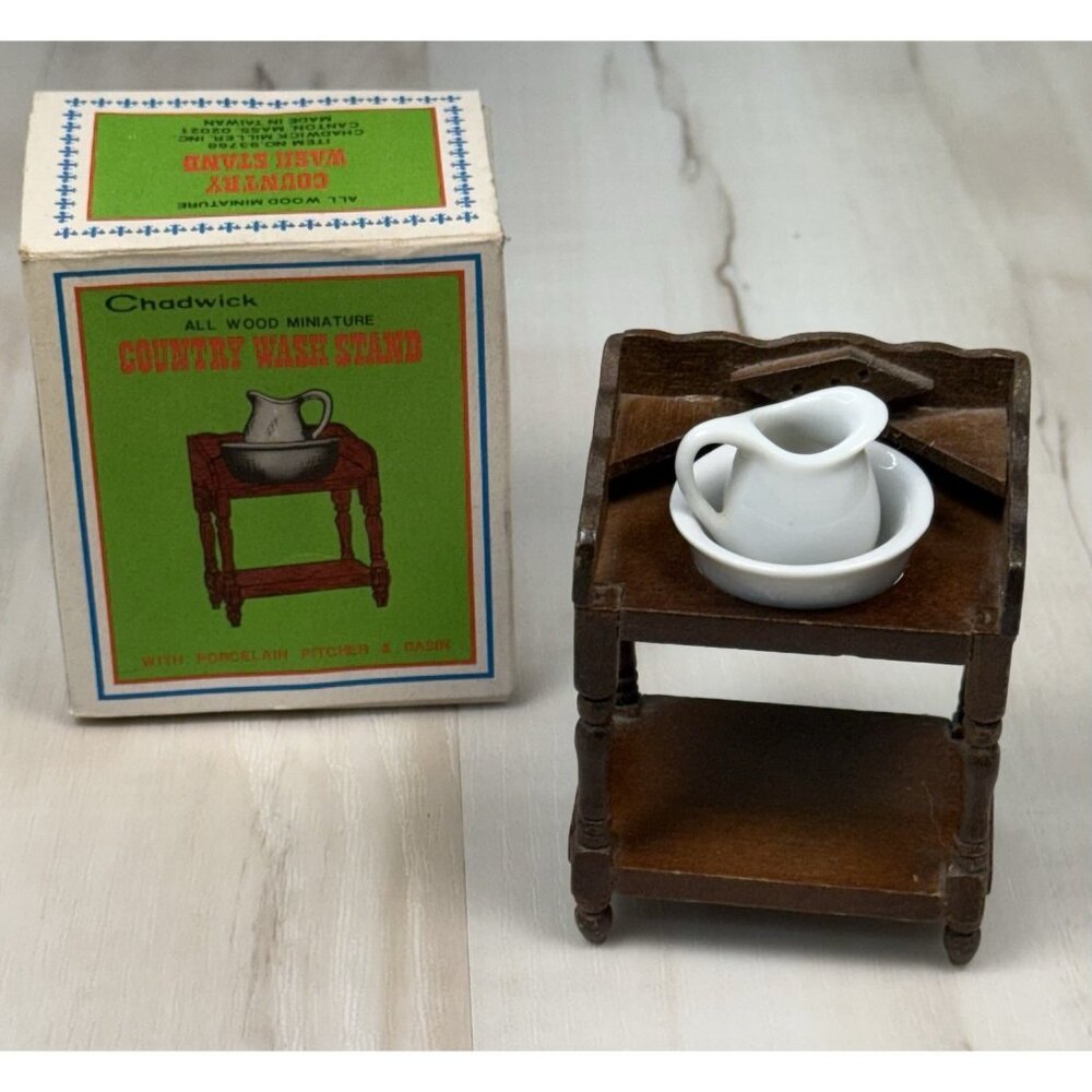 VTG CHADWICK 3.25" Wood Miniature COUNTRY WASH STAND Porcelain Pitcher & Basin